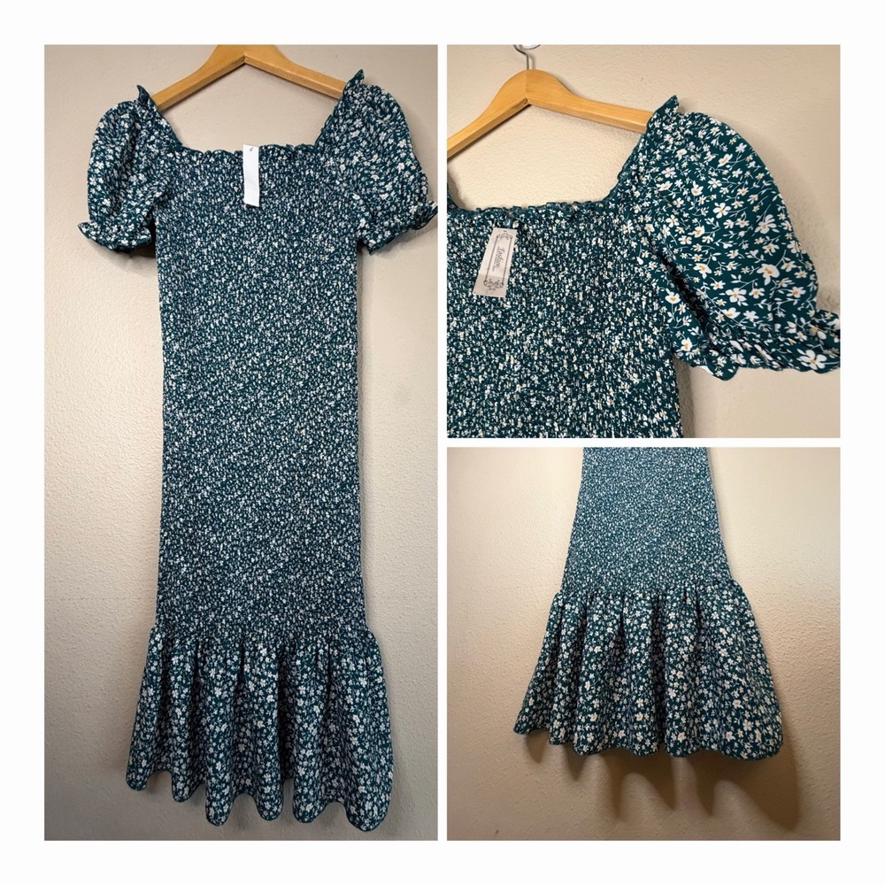 Pretty Garden Smocked Mermaid Dress Ditsy Floral Square Neck Puff Sleeve NWT L